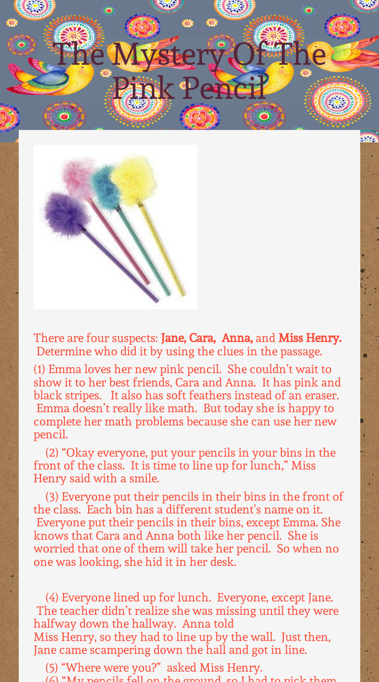 The Mystery Of The Pink Pencil Grade 5 worksheet preview