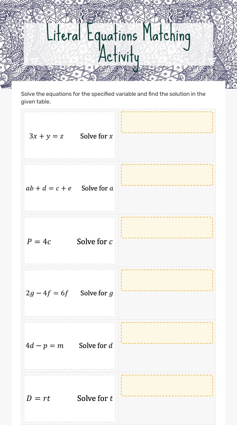 Literal Equations Matching Activity Grade 10 worksheet preview