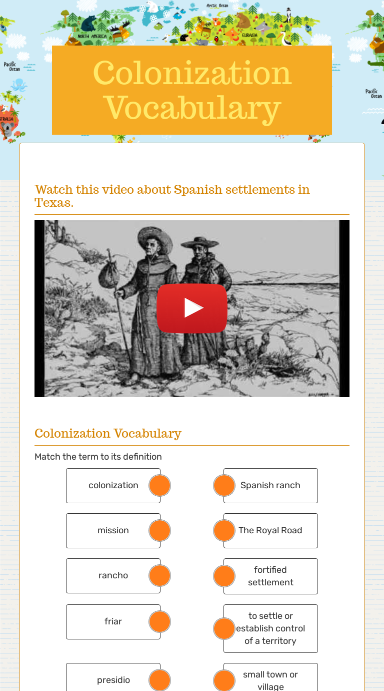Colonization Vocabulary worksheet