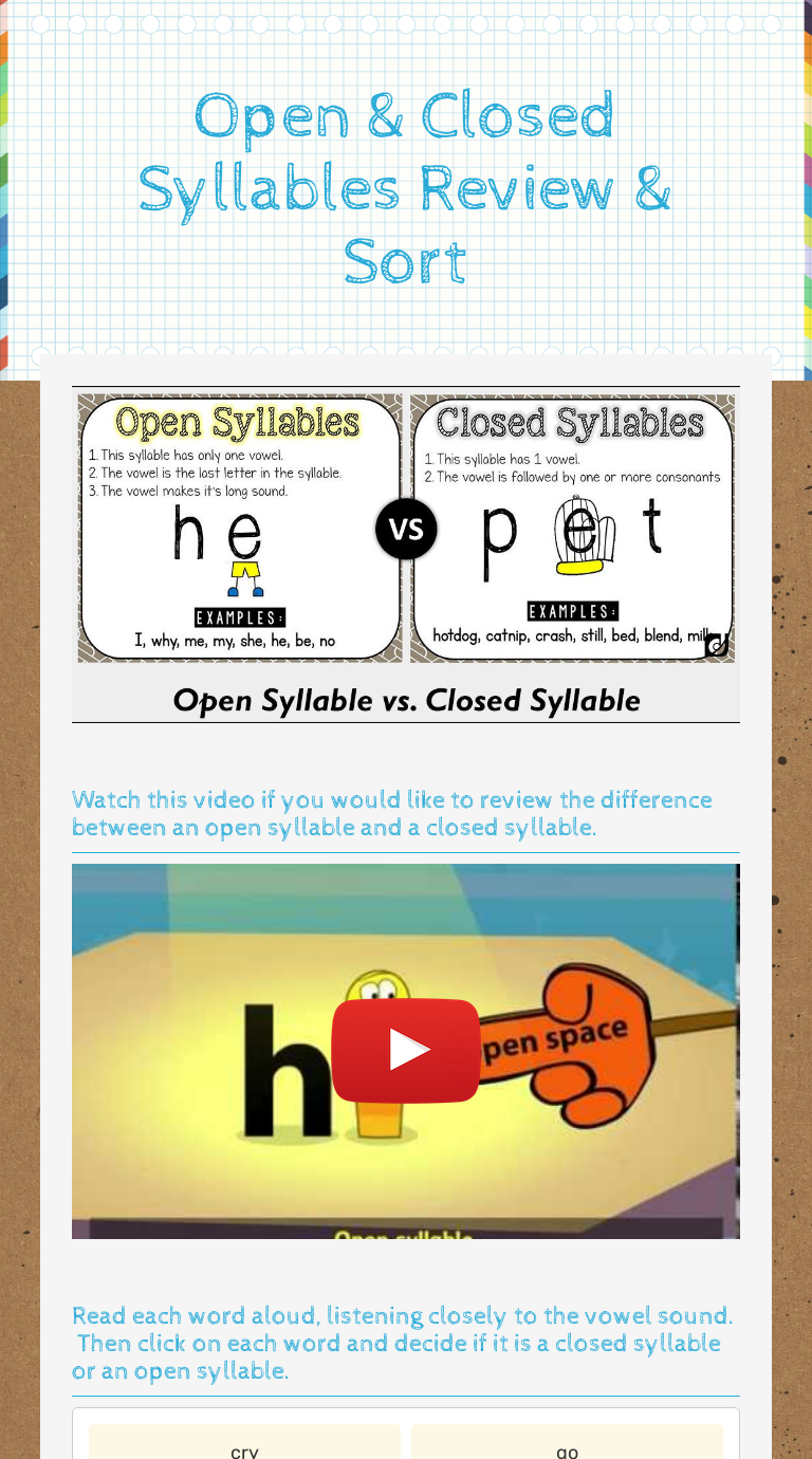 Open And Closed Syllables Review And Sort Interactive Worksheet By Stacy Marshall Wizer Me