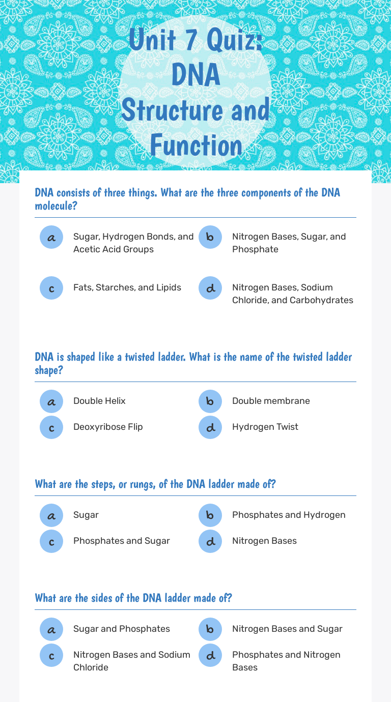 Unit 7 Quiz DNA Structure and Function Interactive Worksheet by JADE