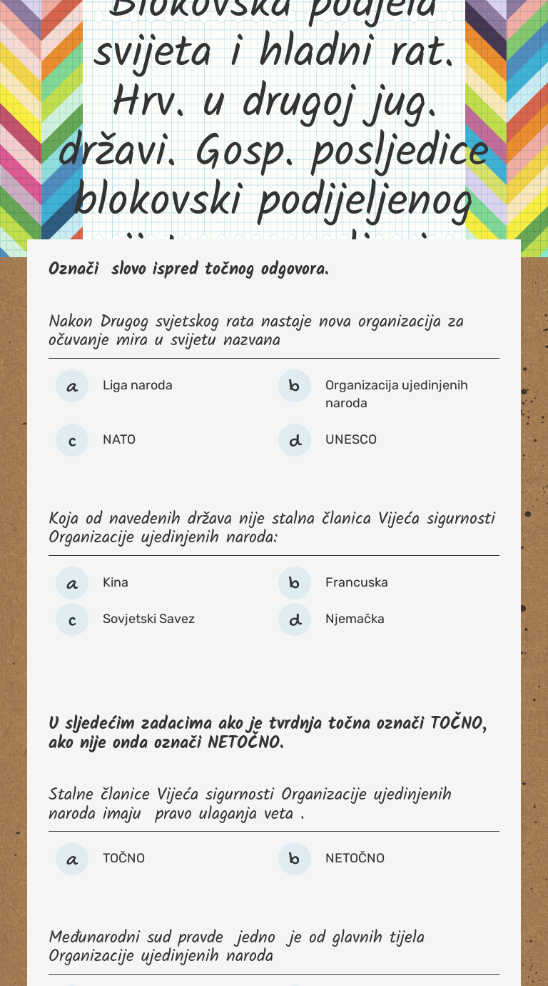 Blokovska podjela svijeta i hladni rat. Hrv. u drugoj jug. državi. Gosp. posljedice blokovski podijeljenog svijeta -ponavljanje- worksheet preview image