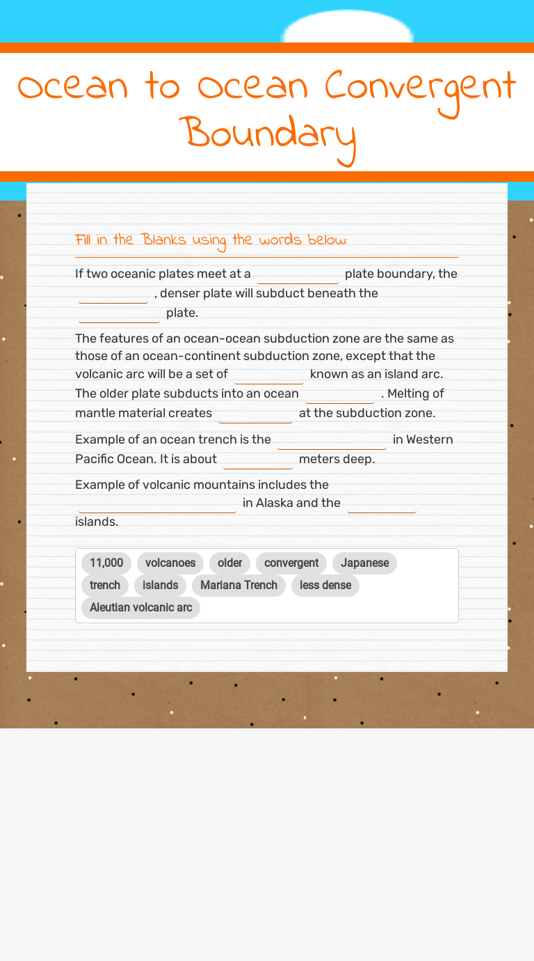 Ocean to Ocean Convergent Boundary worksheet preview image