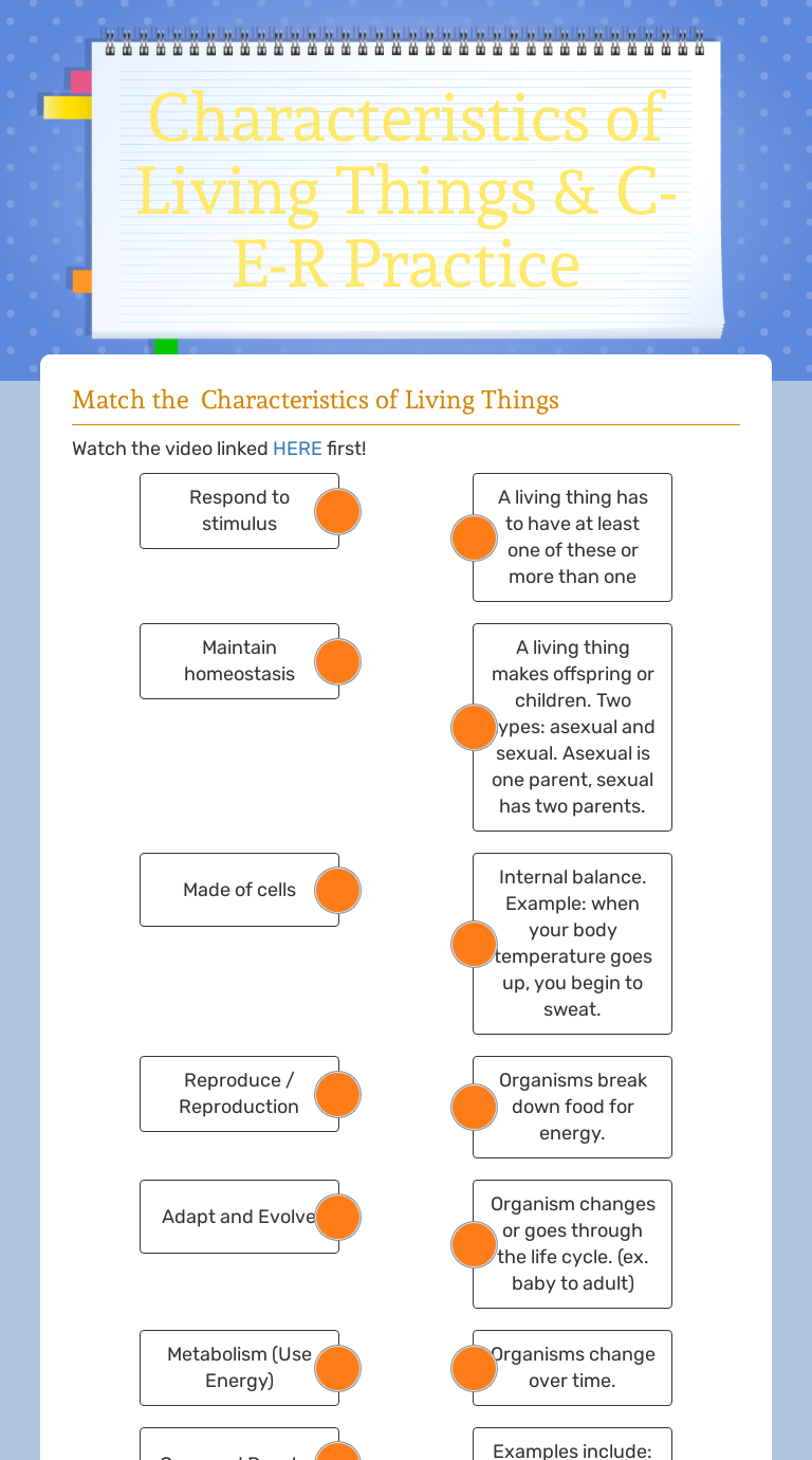 Characteristics of Living Things & C-E-R Practice  Interactive With Characteristics Of Living Things Worksheet