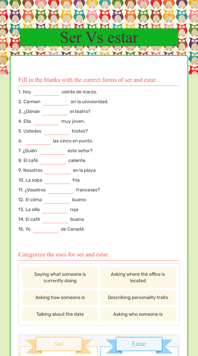 Ser Vs estar  Interactive Worksheet by Rachel Gil  Wizer.me In Ser Estar Worksheet Answers