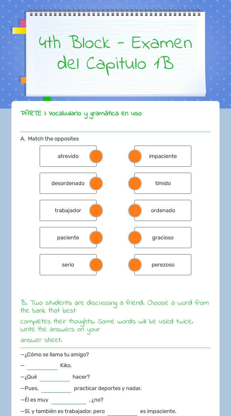 4th Block - Examen del Capitulo 1B worksheet preview image