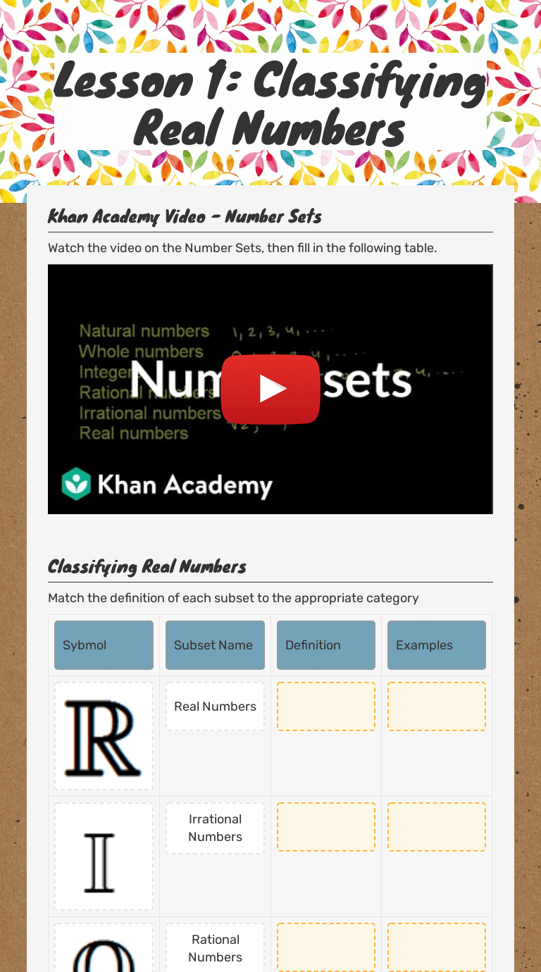 Lesson 25: Classifying Real Numbers  Interactive Worksheet by With Classifying Real Numbers Worksheet