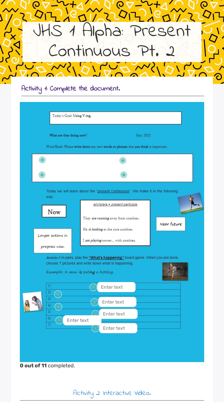 JHS 1 Alpha: Present Continuous worksheet