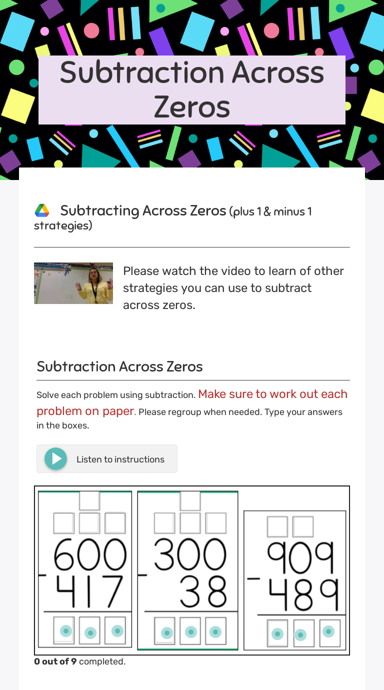Subtraction Across Zeros  Interactive Worksheet by Cynthia Dortch Intended For Subtracting Across Zero Worksheet