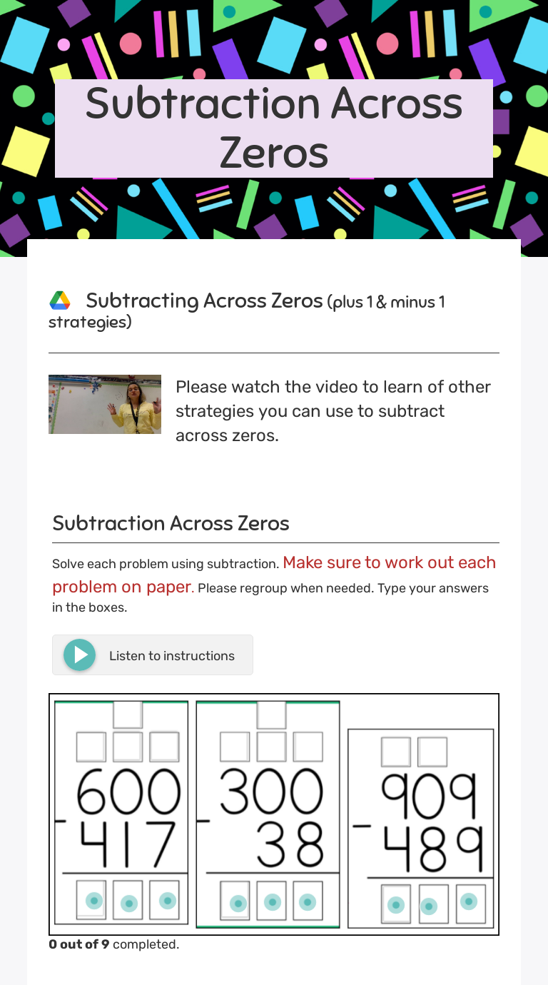 Subtraction Across Zeros  Interactive Worksheet by Cynthia Dortch With Subtraction Across Zeros Worksheet