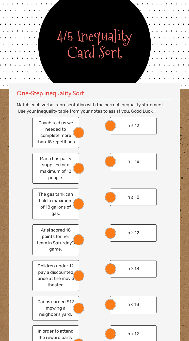 4/5 Inequality Card Sort Grade 6 worksheet preview