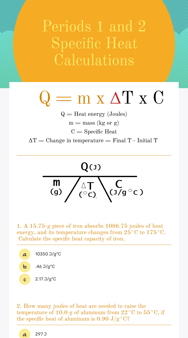 Periods 1 And 2 Specific Heat Calculations Interactive Worksheet By Cheryl Thomas Wizer Me