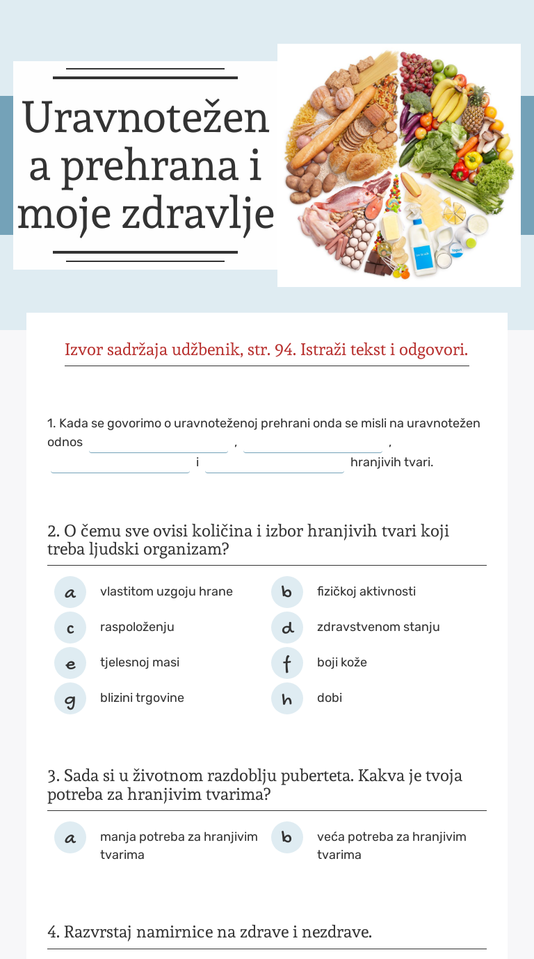Uravnotežena prehrana 
i 
moje zdravlje Grade 7 worksheet preview