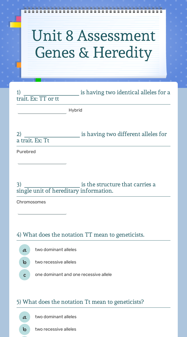 Unit 8 Assessment Genes Heredity Interactive Worksheet By Nicole