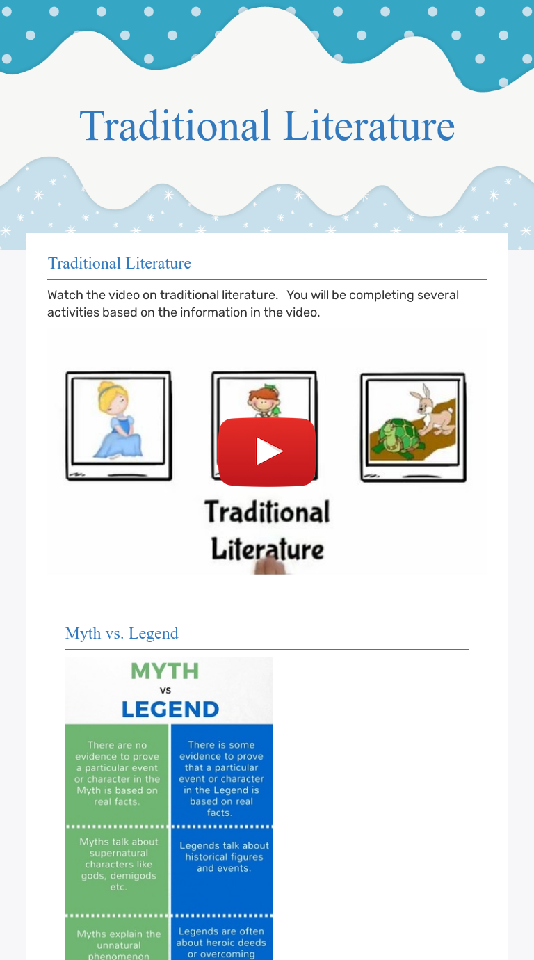 Traditional Literature Interactive Worksheet By Nicole Jusko Wizer me