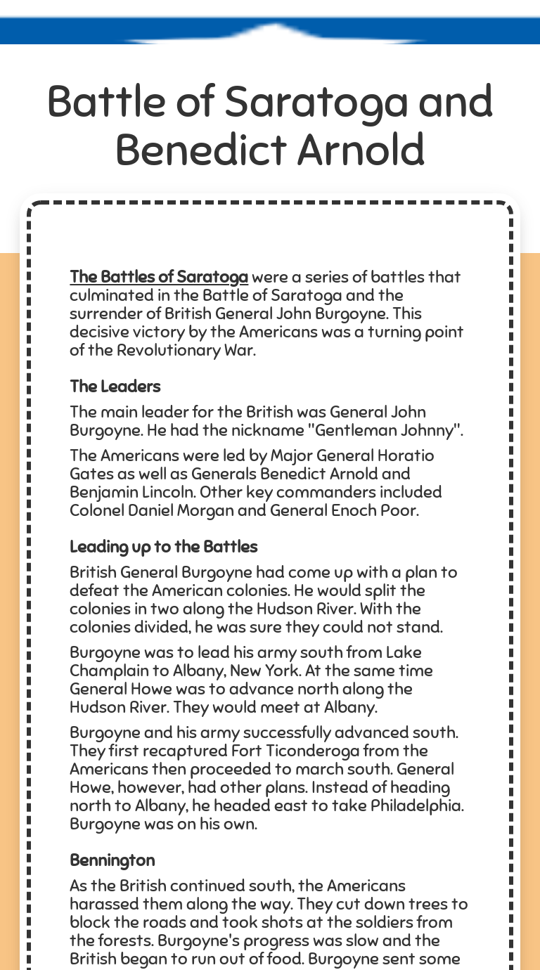 Battle of Saratoga and Benedict Arnold worksheet preview image