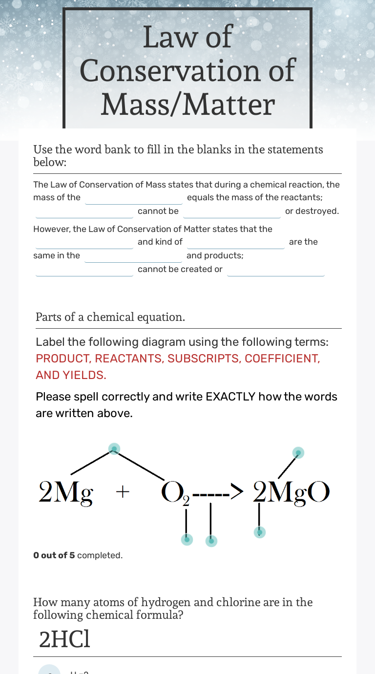Law of Conservation of Mass/Matter  Interactive Worksheet  Wizer.me Within Conservation Of Mass Worksheet