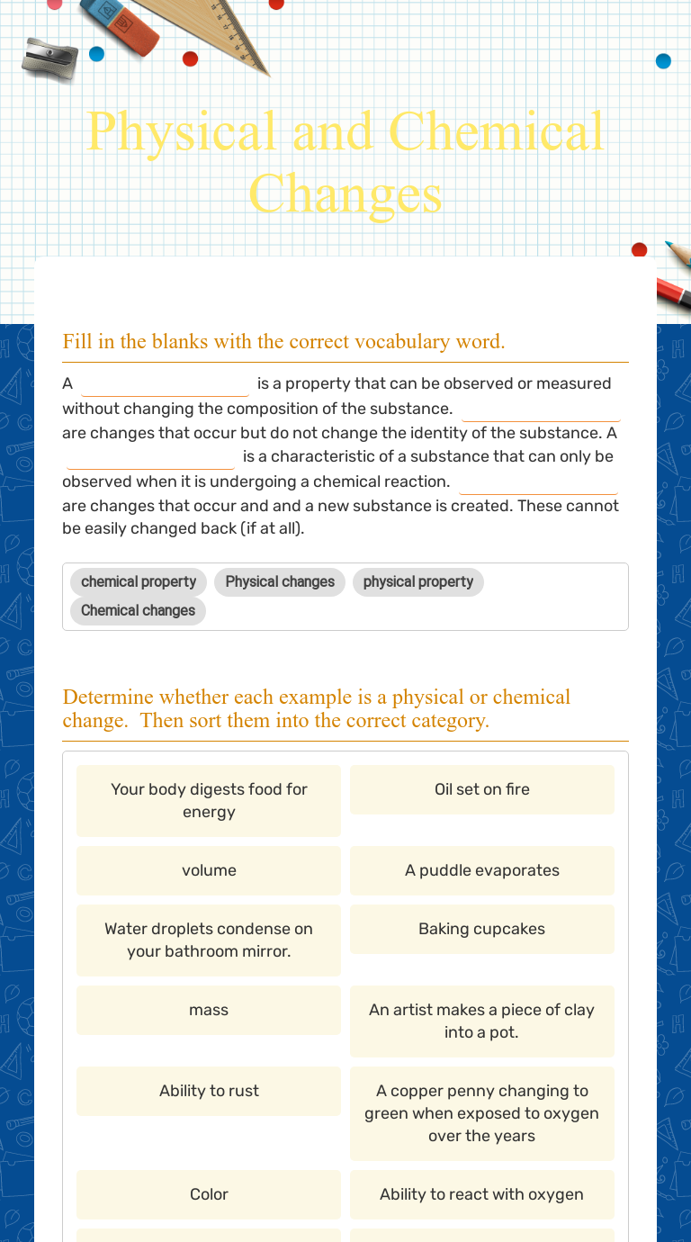 Physical and Chemical Changes | Interactive Worksheet by Kayla Grubb