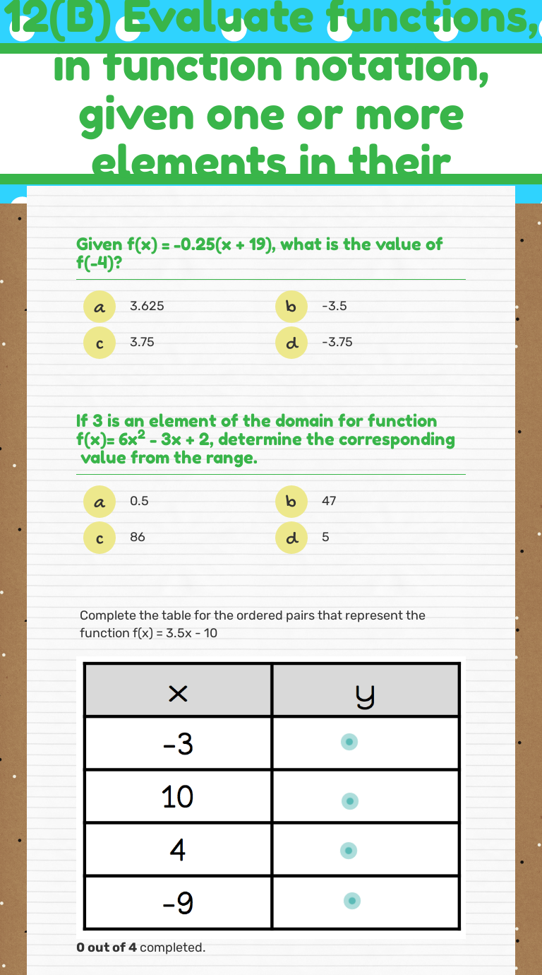 12(B) Evaluate Functions, In Function Notation, Given One Or More ...