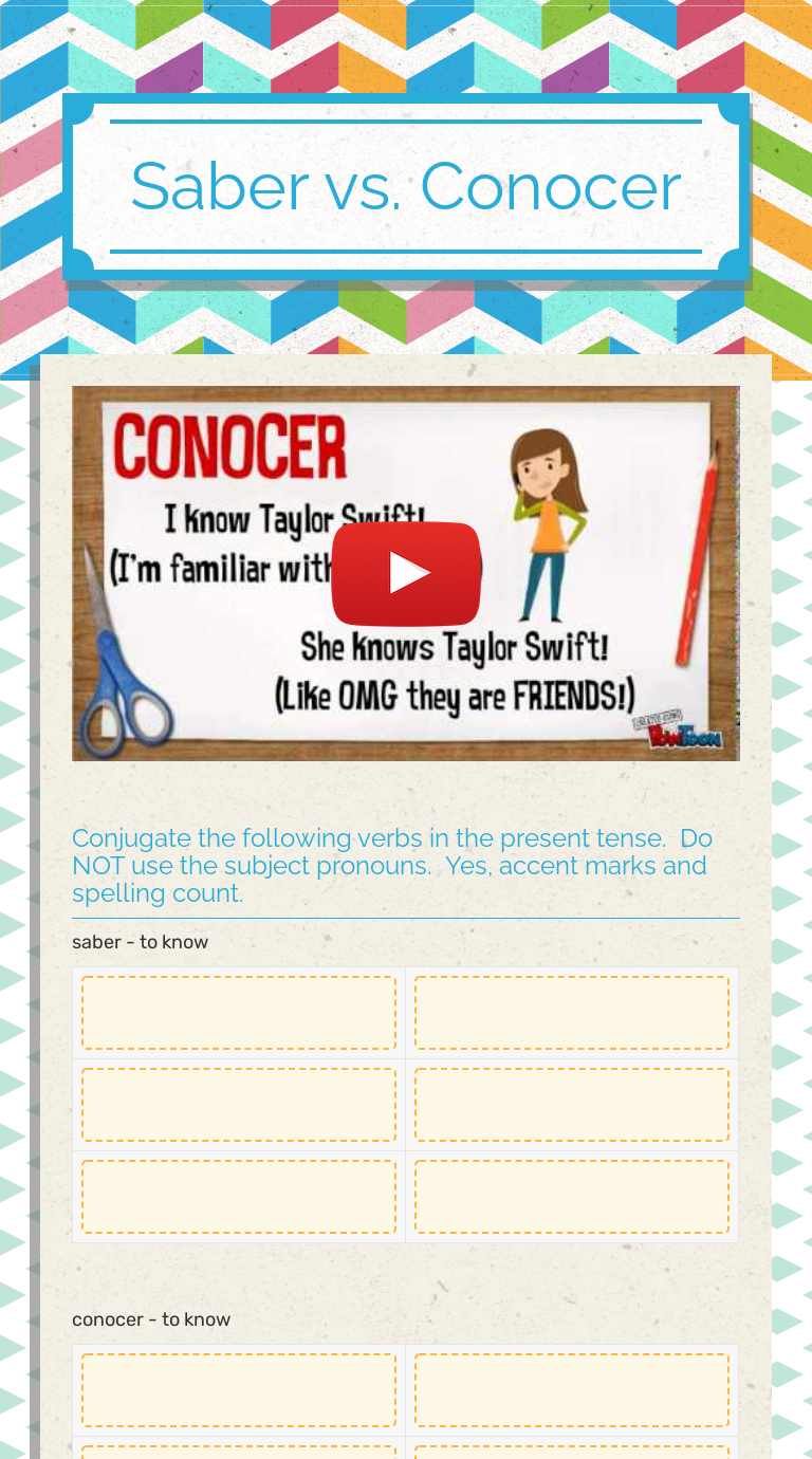 Saber vs. Conocer  Interactive Worksheet by Katherine Byrne With Saber Vs Conocer Worksheet