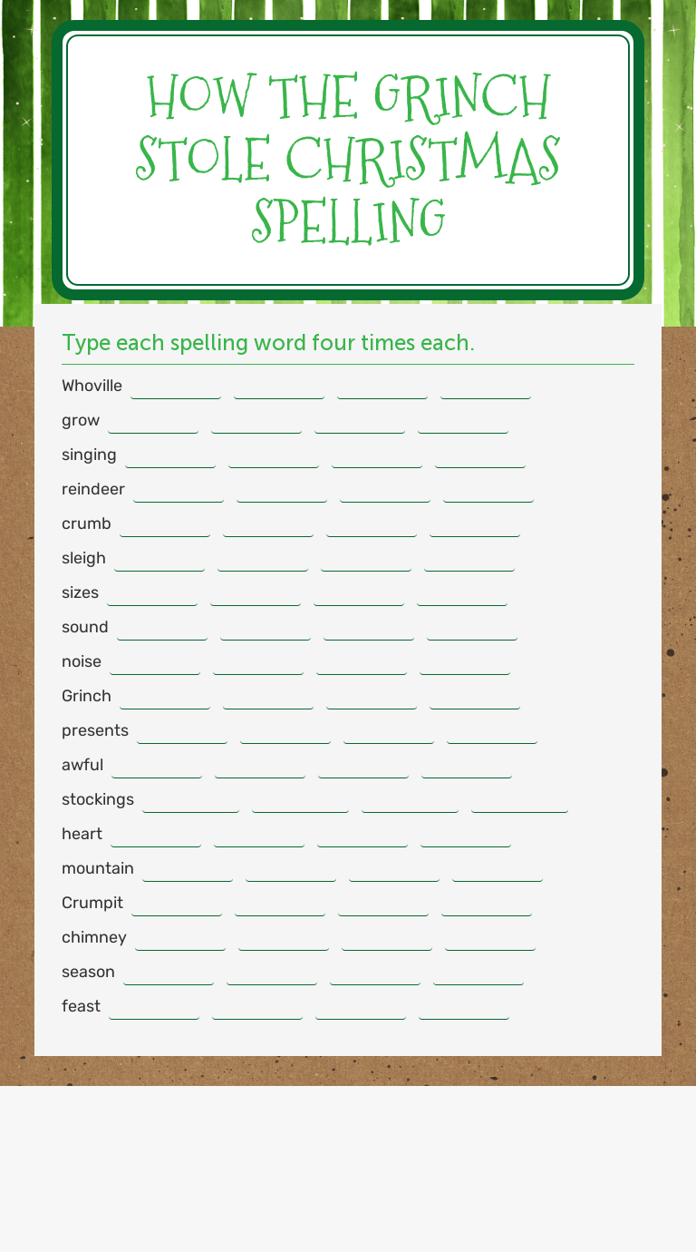 How the Grinch Stole Christmas Spelling Grade 4 worksheet preview