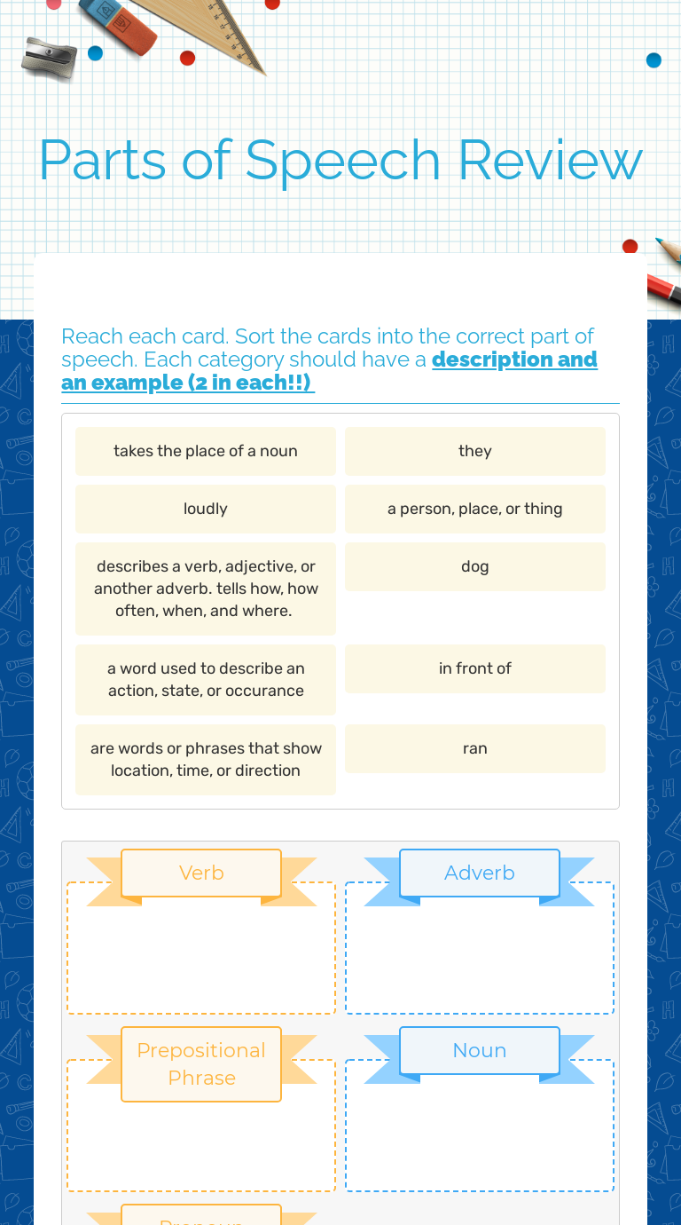 Parts of Speech Review  Interactive Worksheet by Chandanette With Parts Of Speech Review Worksheet