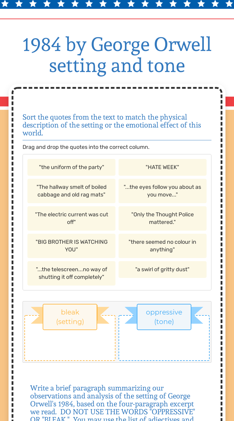 1984by George Orwellsetting and tone worksheet