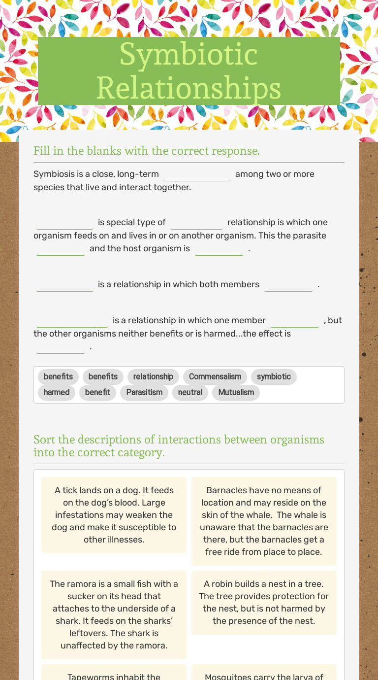 Symbiotic Relationships Interactive Worksheet By Jennifer Henderson Wizerme 0296