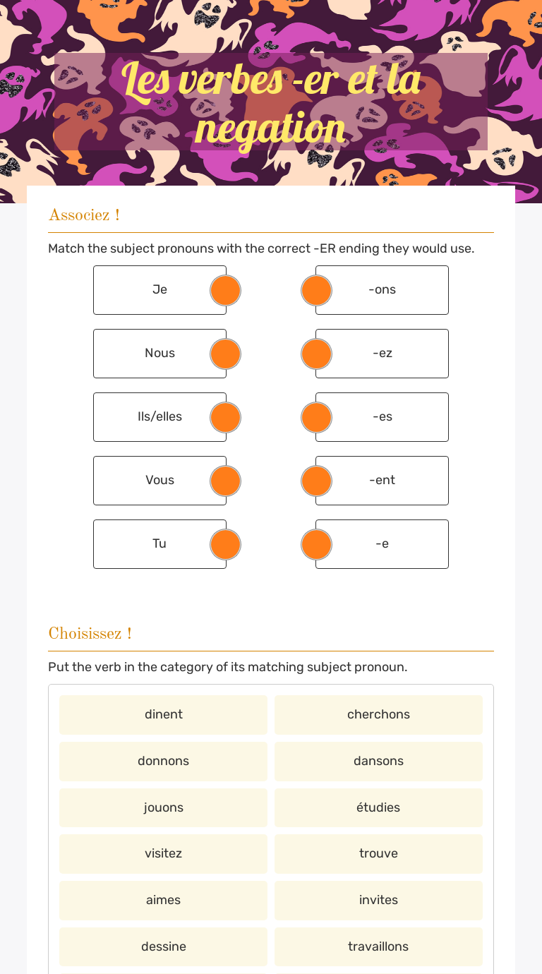 Les verbes -er et la negation Grade 8 worksheet preview