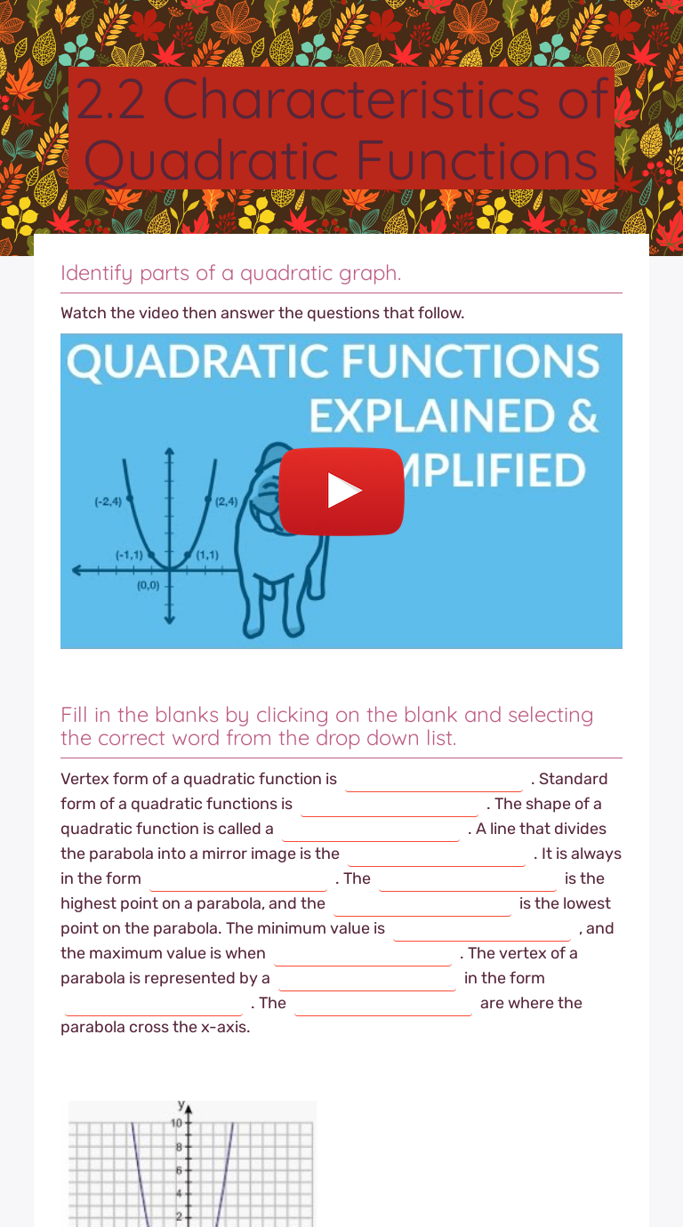 11.11 Characteristics of Quadratic Functions  Interactive Worksheet In Characteristics Of Quadratic Functions Worksheet