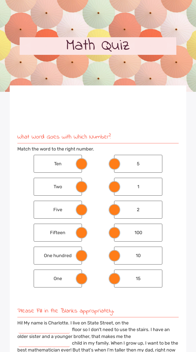 Math Quiz worksheet preview image