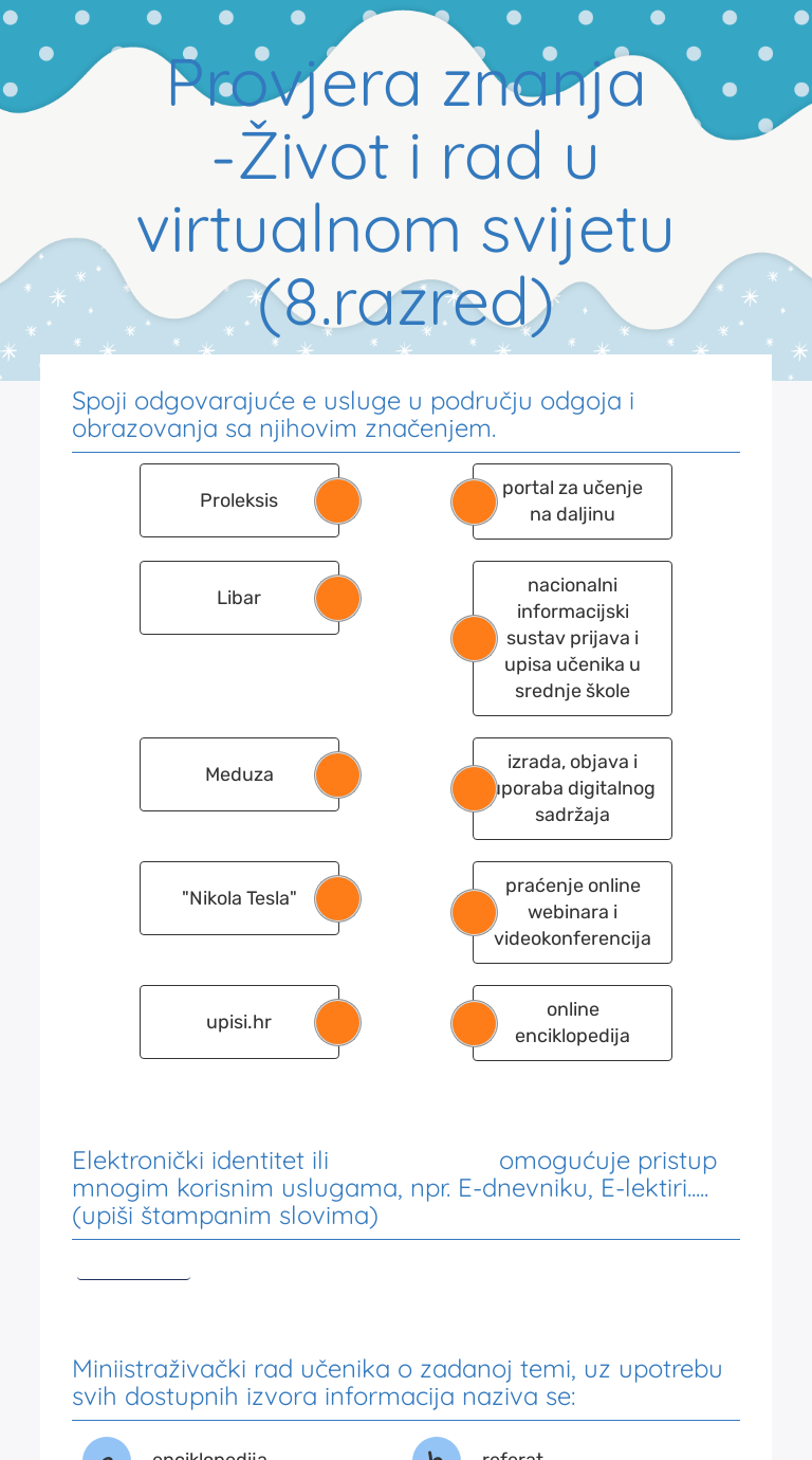 Provjera Znanja Zivot I Rad U Virtualnom Svijetu 8 Razred Interactive Worksheet By Lidija Matosa Wizer Me