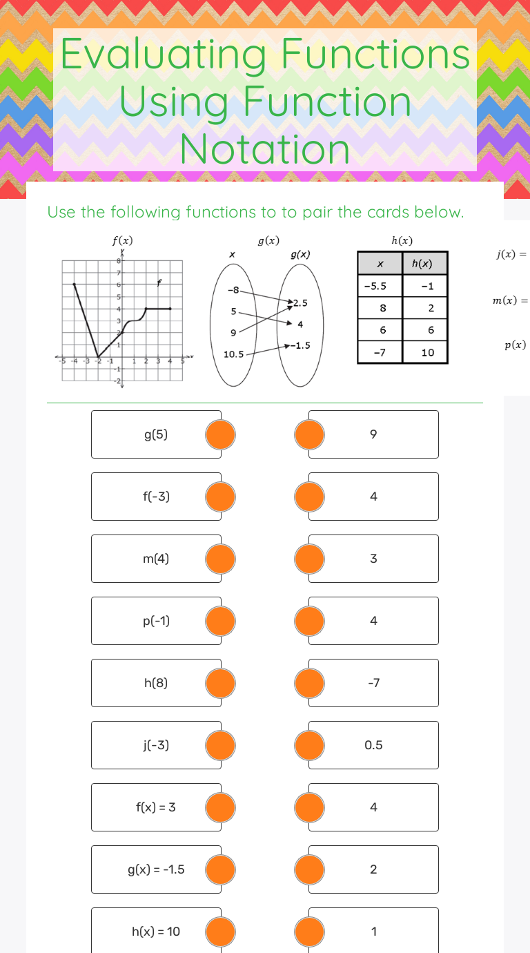 Evaluating Functions Using Function Notation Grade 8 worksheet preview