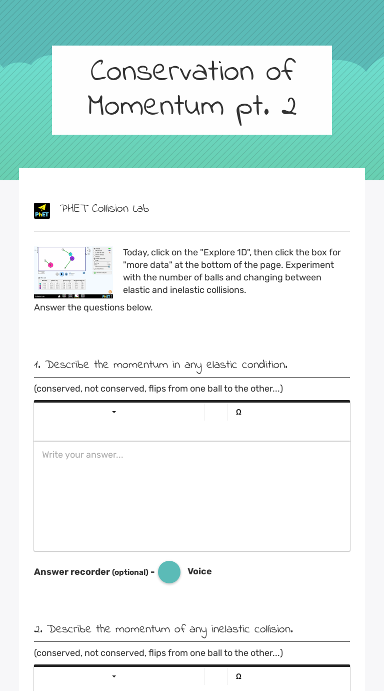 Conservation of Momentum pt. 2 worksheet preview image
