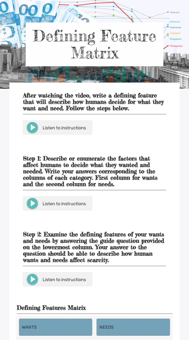 Defining Feature Matrix worksheet preview image