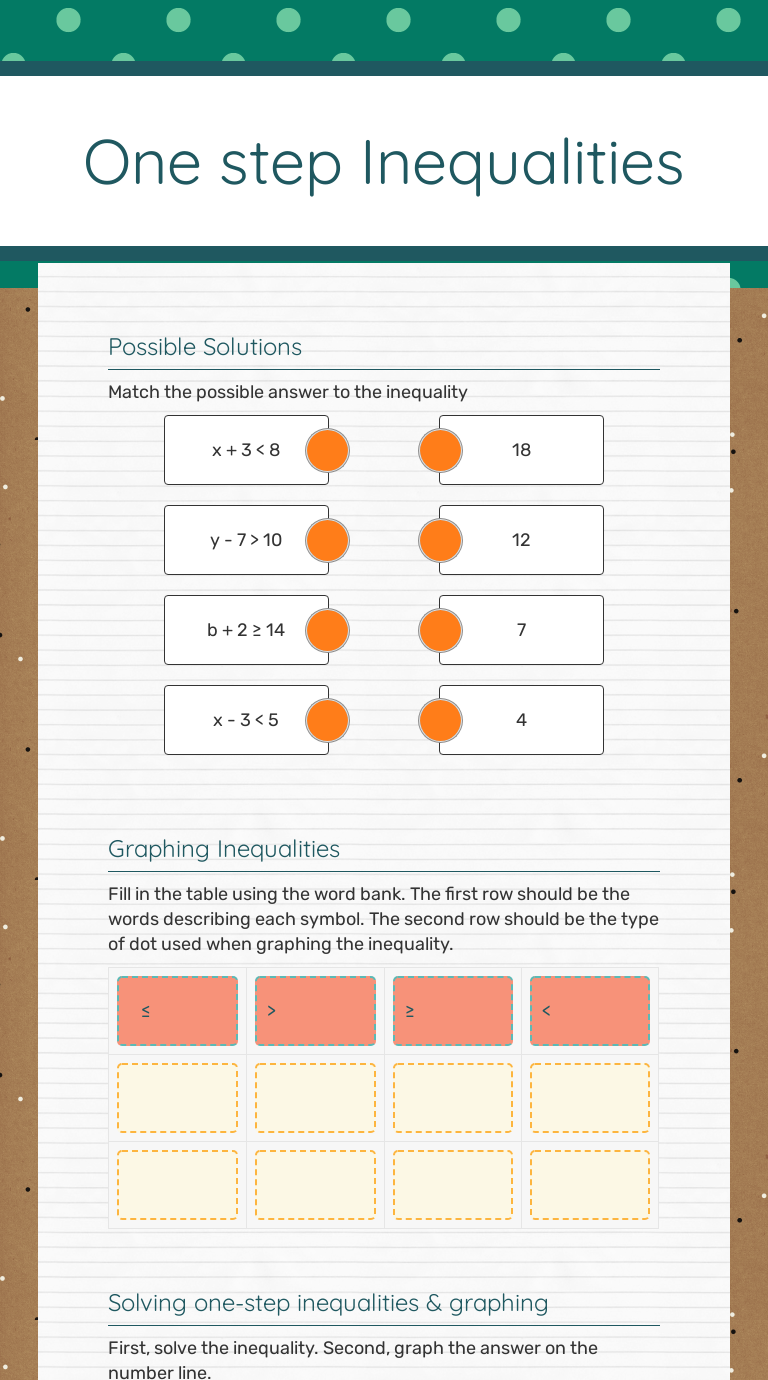 One step Inequalities  Interactive Worksheet by Aja Toala  Wizer.me Throughout One Step Inequalities Worksheet