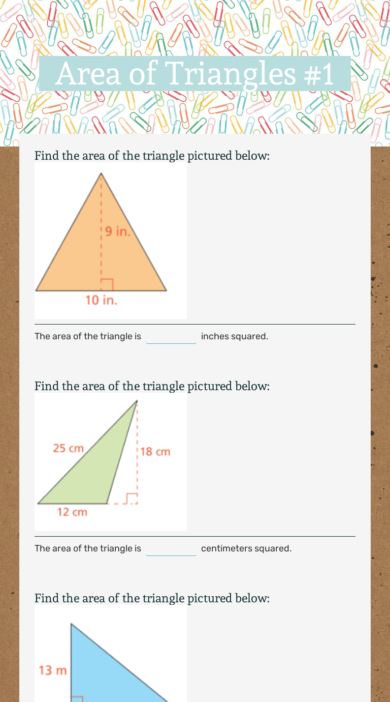 Area of Triangles #1 worksheet preview image