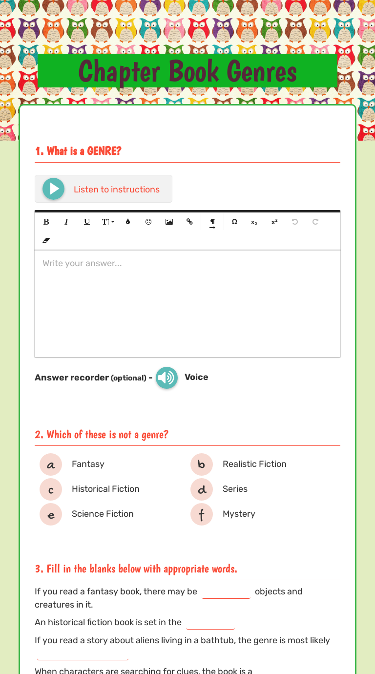 Chapter Book Genres | Interactive Worksheet By Louise Prescott | Wizer.me