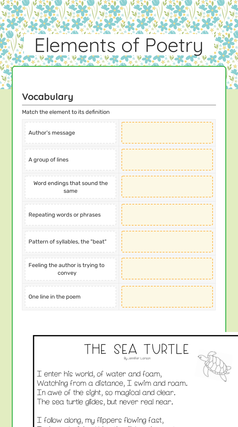 Elements of Poetry  Interactive Worksheet by Mollie Reichard Within Elements Of Poetry Worksheet