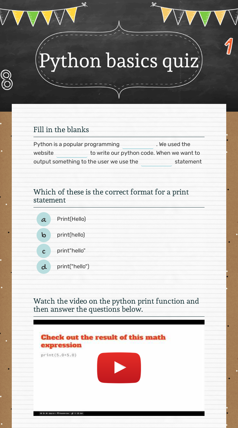 Python basics quiz worksheet preview image