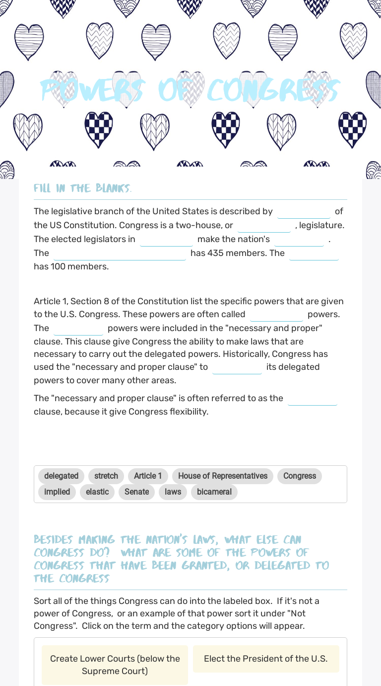 Powers of Congress  Interactive Worksheet by Linda Flexon  Wizer.me In Powers Of Congress Worksheet