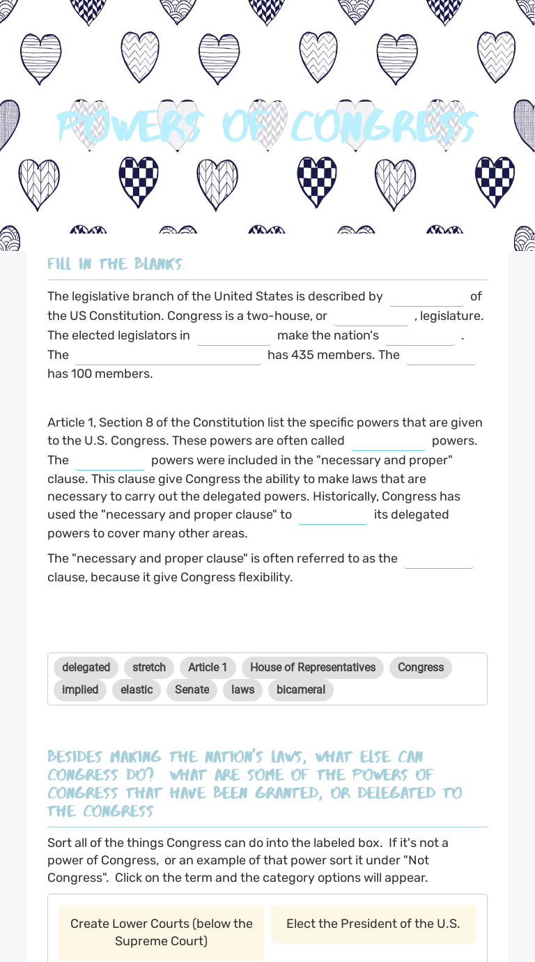 Powers of Congress  Interactive Worksheet by Linda Flexon  Wizer.me Pertaining To Powers Of Congress Worksheet