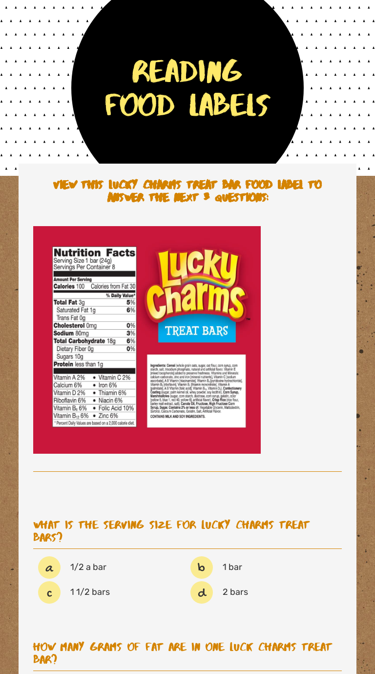 Reading Food Labels Grade 4 worksheet preview