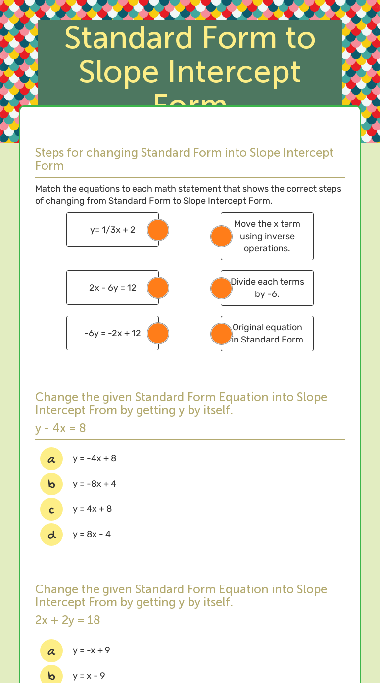 Standard Form to Slope Intercept Form Interactive Worksheet by Odus