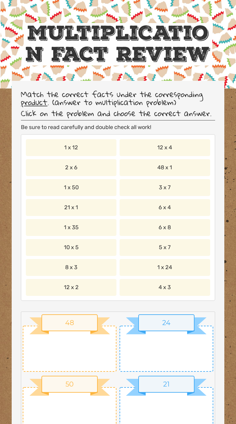 Multiplication Fact Review worksheet preview image