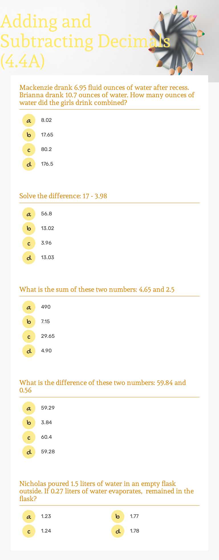 Adding and Subtracting Decimals (4.4A) worksheet preview image
