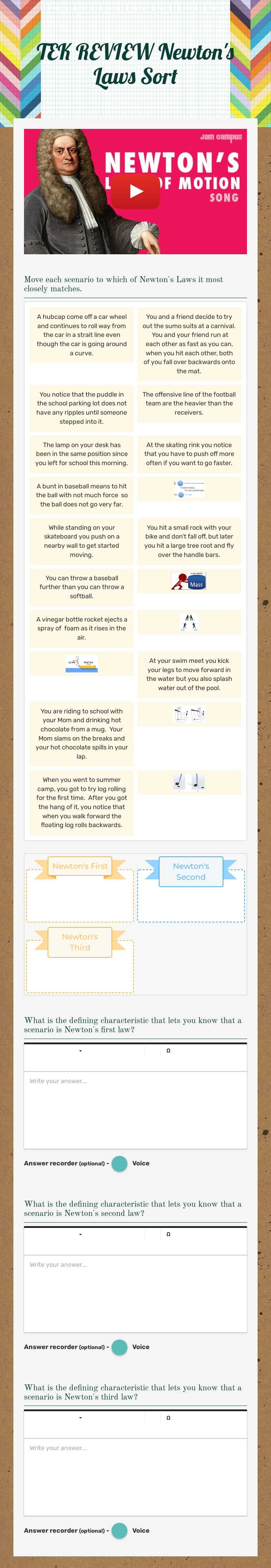 TEK REVIEW Newton's Laws Sort worksheet preview image