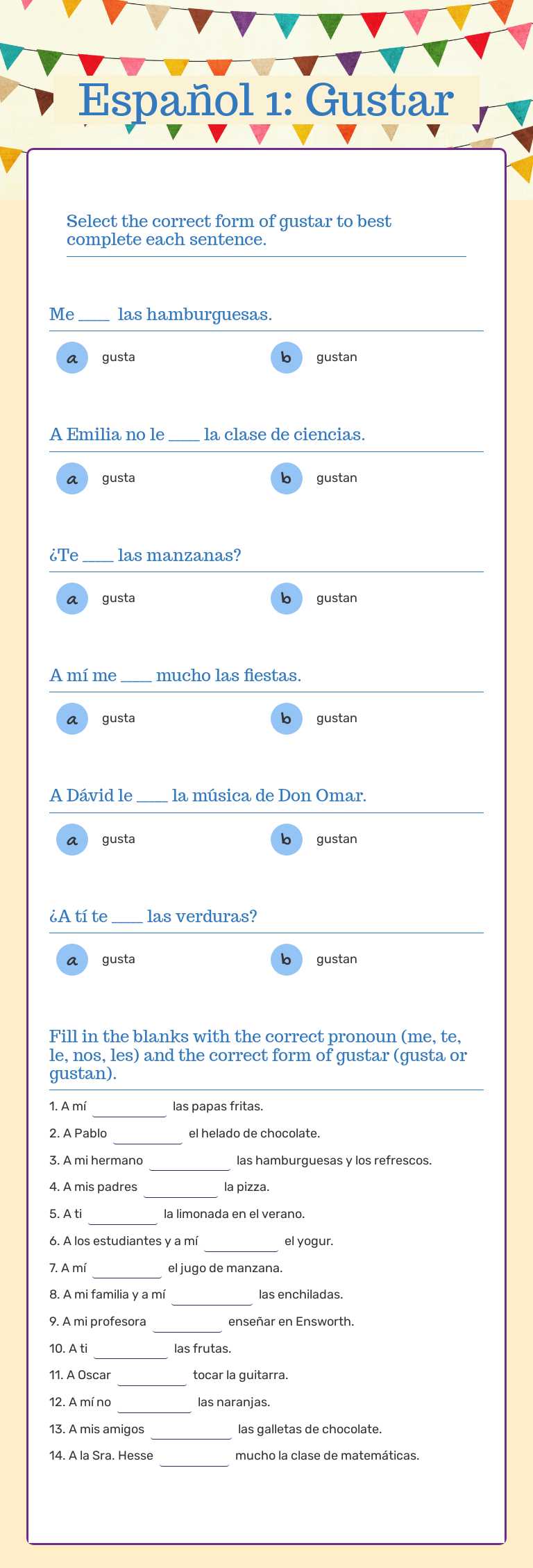 Español 1: Gustar worksheet preview image