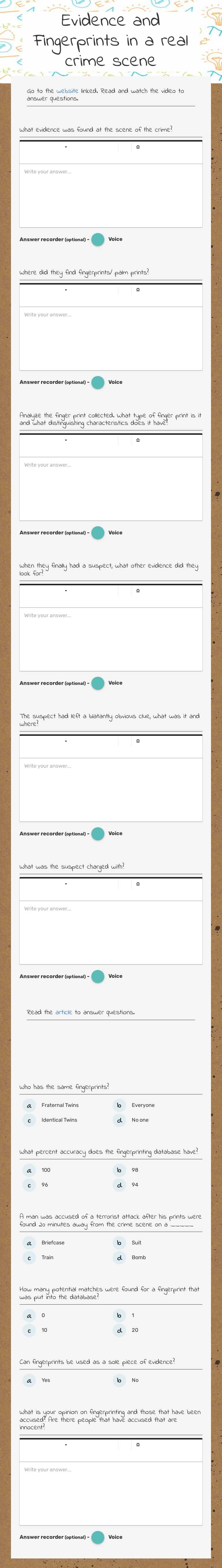 Evidence and Fingerprints in a real crime scene worksheet preview image