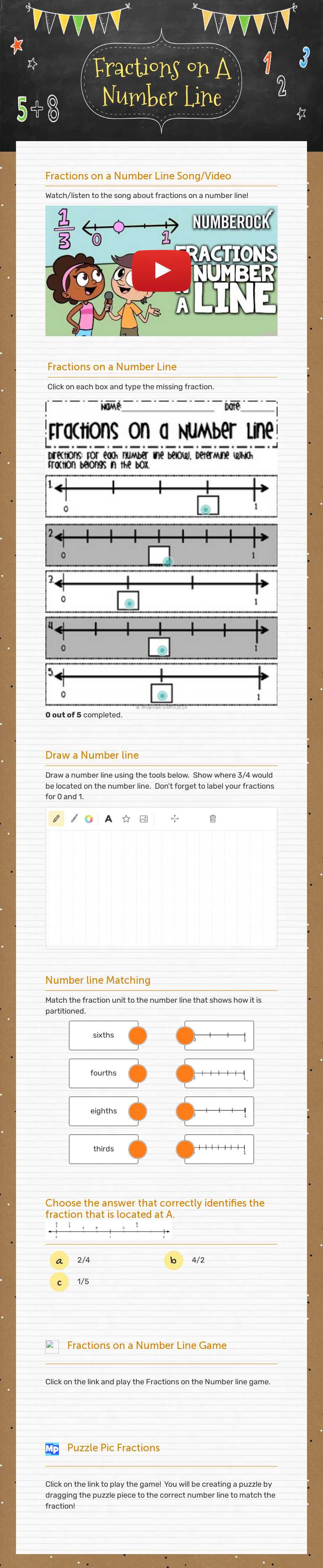Fractions on A Number Line worksheet preview image